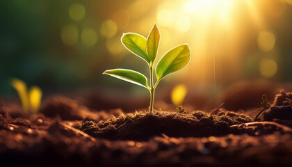 tiny seedling emerges from rich soil with warm sunlight filtering through leaves