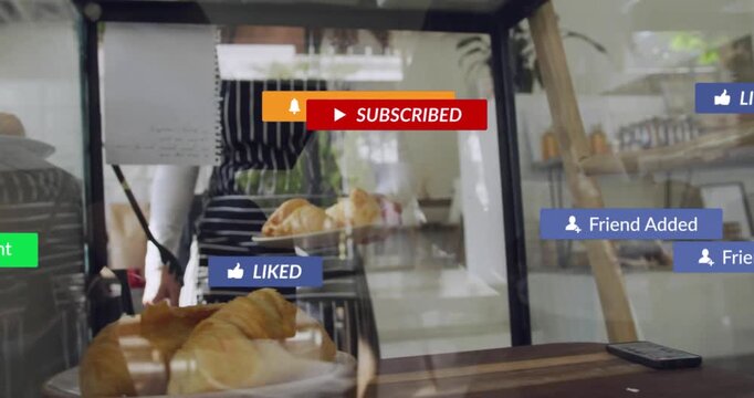 Barista arranging croissants behind glass, causing animated likes, subs, messages over QR tip jar