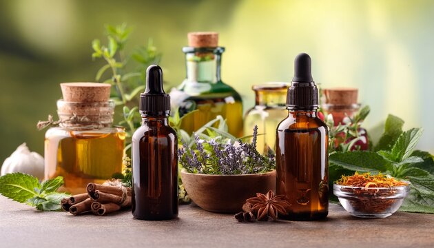 herbal remedies and essential oils arranged with botanicals and spices