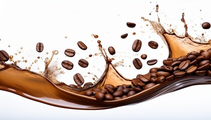 horizontal coffee wave splash with coffee beans isolated on white background