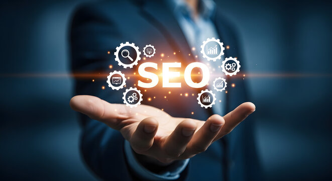 Businessman holding seo concept with gears and light flares in his hand