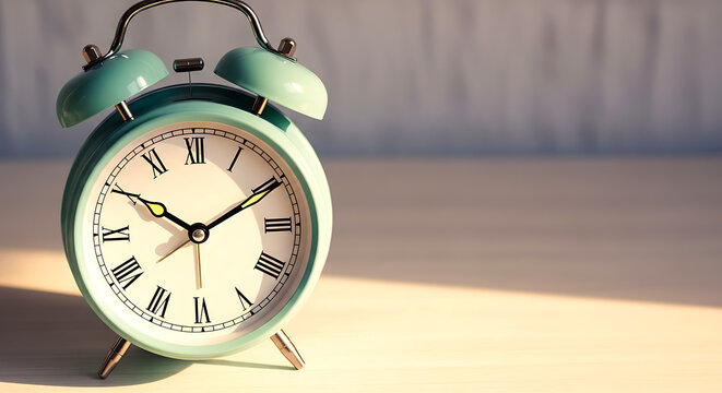 Teal vintage alarm clock with roman numerals on a light wooden surface image - Powered by Adobe