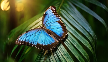a vibrant blue morpho butterfly rests gracefully on a lush green leaf bathed in the soft sunlight filtering through a tropical forest