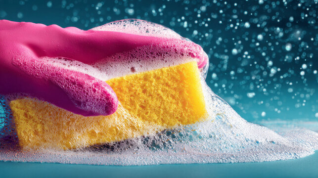 Cleaning up with a pink glove and a yellow sponge and white soap suds.