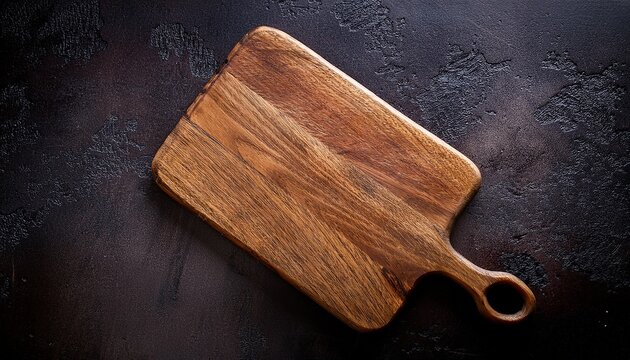 rustic wooden cutting board with handle on a dark surface