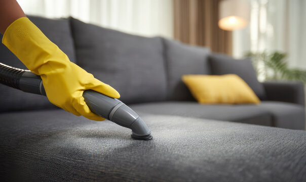 Gloved hand with vacuum cleaning couch upholstery for home hygiene routine.