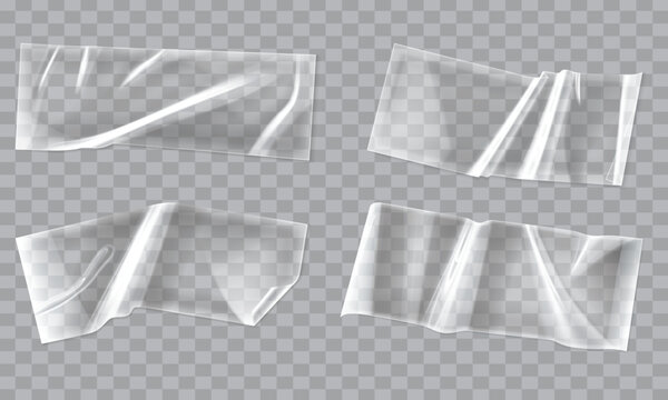 Transparent clear sticky tape pieces with wrinkles and reflections.