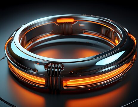 close up of a futuristic metallic ring with glowing orange accents