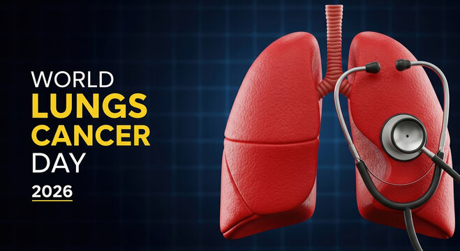 World lung cancer day 2026 text with human lungs organ and stethoscope medical health awareness concept banner background - Powered by Adobe