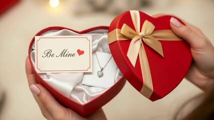 Hands holding a heart shaped gift box with a necklace and a card saying be mine - Powered by Adobe