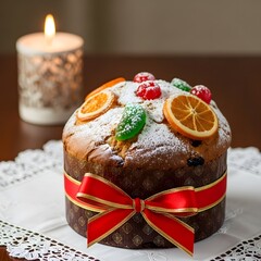 Close up of a panettone cake decorated with candied fruits and a red ribbon next to a lit candle