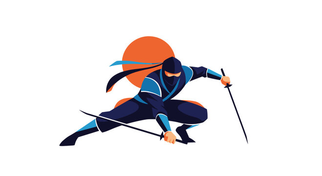 Dynamic vector illustration of a ninja warrior in a blue and black suit crouching with two katana swords against an orange sun background.