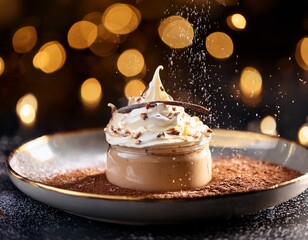 creamy dessert with water splashes and bokeh lights
