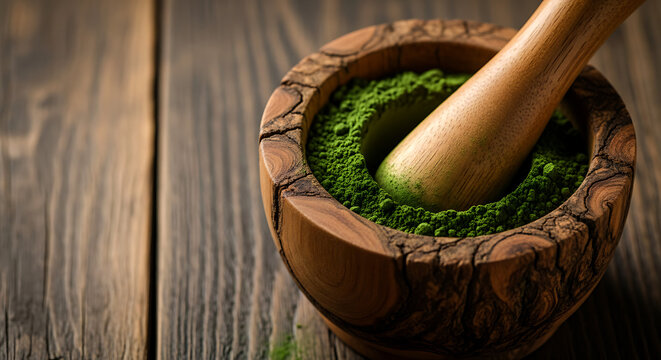 Wooden mortar and pestle filled with vibrant green powder on rustic wood bowl