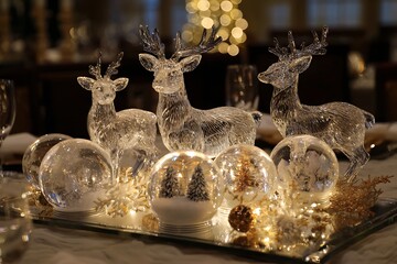 A glowing Christmas centerpiece with crystal reindeer figurines and shimmering snow globes