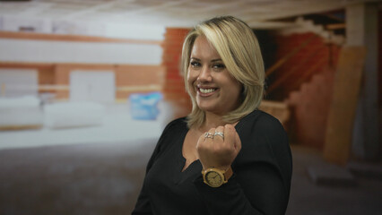 Blonde woman winks smiling and makes rude middle finger gesture in unfinished building site...