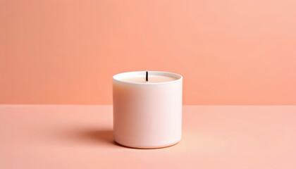Side view studio shot of a blush pink, unlit pillar candle with a visible wick, set against a solid monochromatic peach background with clean lines and copy space.