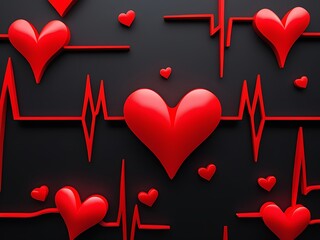 Red hearts and heartbeat ekg lines on black background
