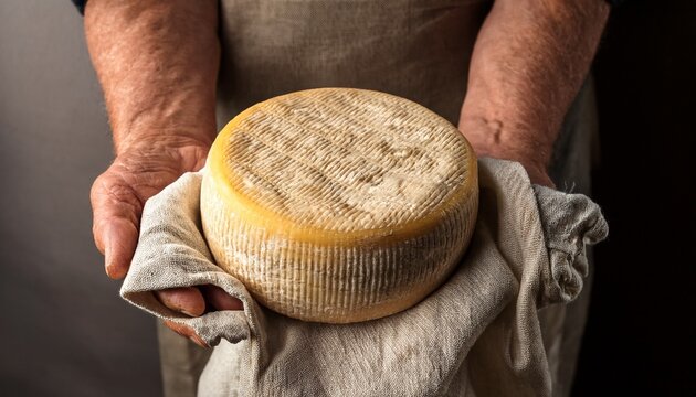 aged hands hold a round textured cheese draped in a light beige linen cloth