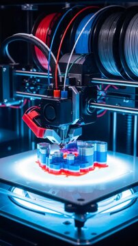 3d printer creating object with red and blue filament, extruding layers on platform. Innovative bioprinting technology. Vertical video