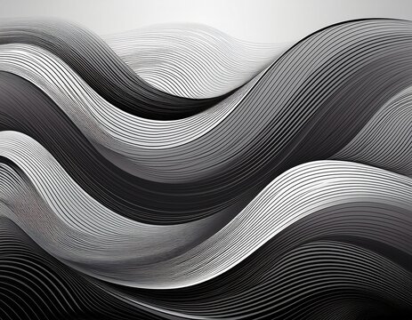 abstract design featuring layered wavy lines in shades of gray and black on a white background