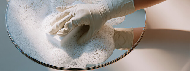 Hand in glove cleans surface with sponge and soap bubbles for cleanliness.