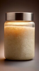 Illuminated glass jar filled with coarse sugar, highlighting its texture and color against a dark backdrop, creating a warm and inviting ambiance