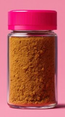 Glass container holds bright yellow spice powder with a pink lid, placed on a soft pink backdrop, highlighting culinary elements and vivid hues