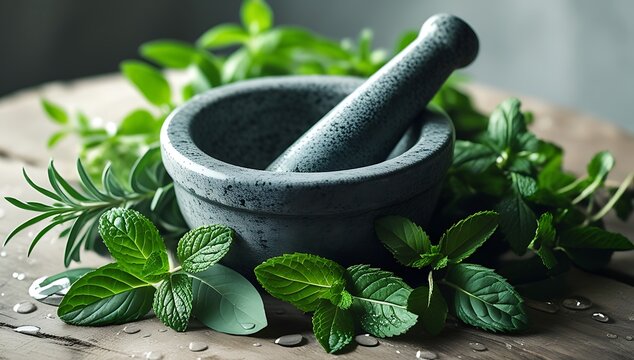 Stone mortar and pestle surrounded by fresh herbs