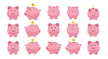 A comprehensive collection of pink piggy banks displayed from multiple angles, illustrating concepts of savings, finance, and financial growth.