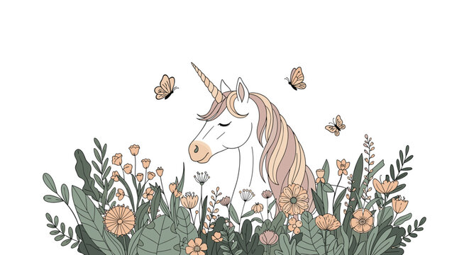 An enchanting illustration of a peaceful unicorn with a flowing pastel mane, surrounded by blooming flowers and graceful butterflies in a dreamy garden.
