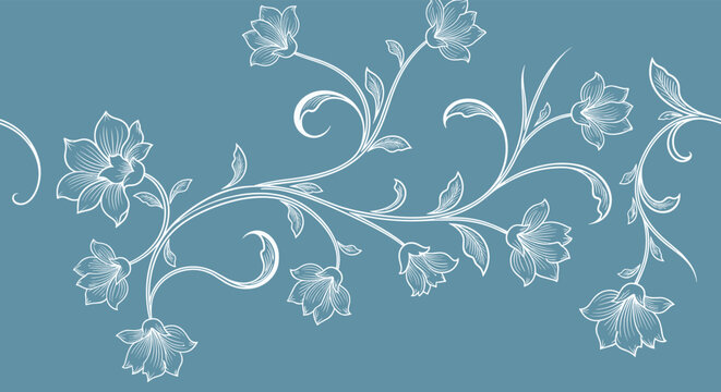 Elegant white floral scroll pattern with blooming flowers and swirling leaves creating a decorative border on a serene blue-green background.