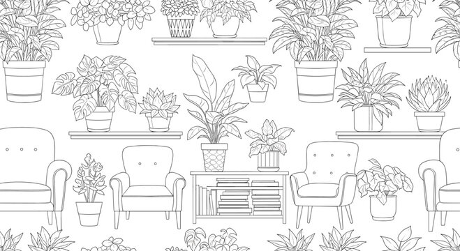 Seamless pattern of outline illustrations featuring various potted houseplants, armchairs, and shelves, creating a cozy indoor decor theme.
