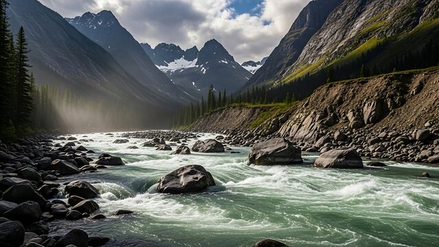 Majestic mountain river landscape with glacial peaks and rocky shores.