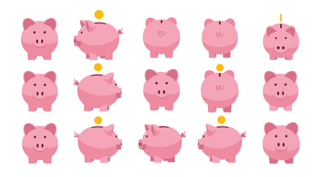 A comprehensive collection of pink piggy banks displayed from multiple angles, illustrating concepts of savings, finance, and financial growth. - Powered by Adobe