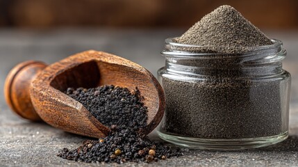 Black sesame seeds are displayed in a wooden scoop next to a glass jar filled with ground sesame, highlighting the rich textures and colors of these ingredients