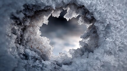 Hollowed ice structure reveals a soft background, highlighting the delicate textures and patterns of frozen water, creating a serene winter atmosphere