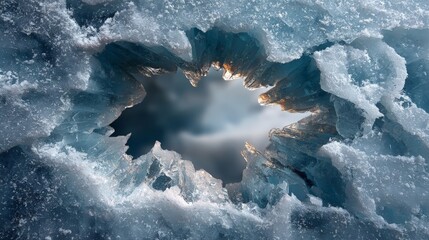 Jagged ice formation reveals soft light in the background, creating a natural frame that highlights the beauty of winter landscapes and nature's intricate designs