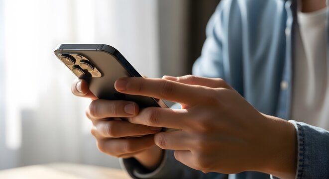 Close-up of hands navigating a mobile device, engaging with digital content and communication applications