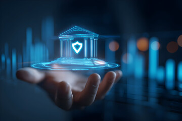 Digital banking security concept with futuristic hologram and shield symbol