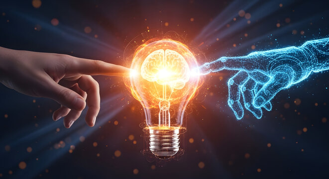 Human and digital hands touching a glowing light bulb innovation and technology