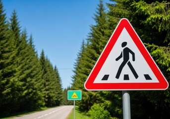 Pedestrian crossing warning sign on a forest road