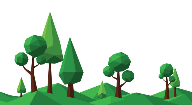 Minimalist low poly vector illustration of a green forest on rolling hills with various geometric trees against a white background.