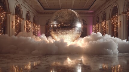 A stunning disco ball is positioned in an opulent ballroom, surrounded by fluffy clouds, enhancing the enchanting ambiance for festive gatherings and celebrations