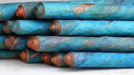 Vibrant blue handmade paper rolls are stacked, revealing intricate textures and golden accents, creating an artistic atmosphere in a creative workspace