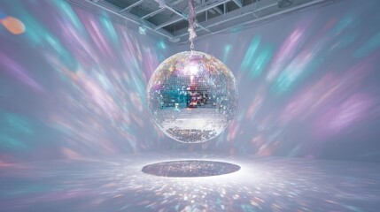 A dazzling disco ball hangs from the ceiling, illuminating the gallery space with vibrant reflections, enhancing the ambiance for parties and gatherings
