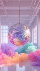 A dazzling disco ball suspended from the ceiling in a bright space, surrounded by colorful smoke, creating a festive and lively atmosphere for celebrations and gatherings