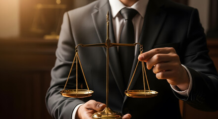 A distinguished man in a formal suit holds a classic golden scale of justice