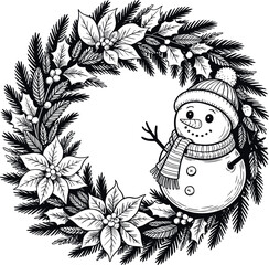 Black and white Christmas wreath with snowman pine needles