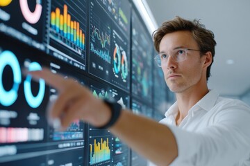 AI specialist analyzing large screen dashboard with colorful data visualizations, focused on metrics and trends, demonstrating advanced analytical skills and technology use